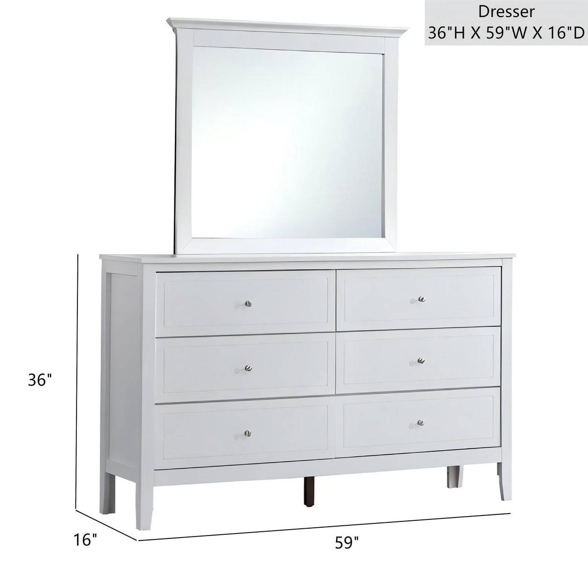 Dresser with 6 drawers in white, metal hardware, and a mirror; HouseOfZazla on Tampa Home & Garden Store