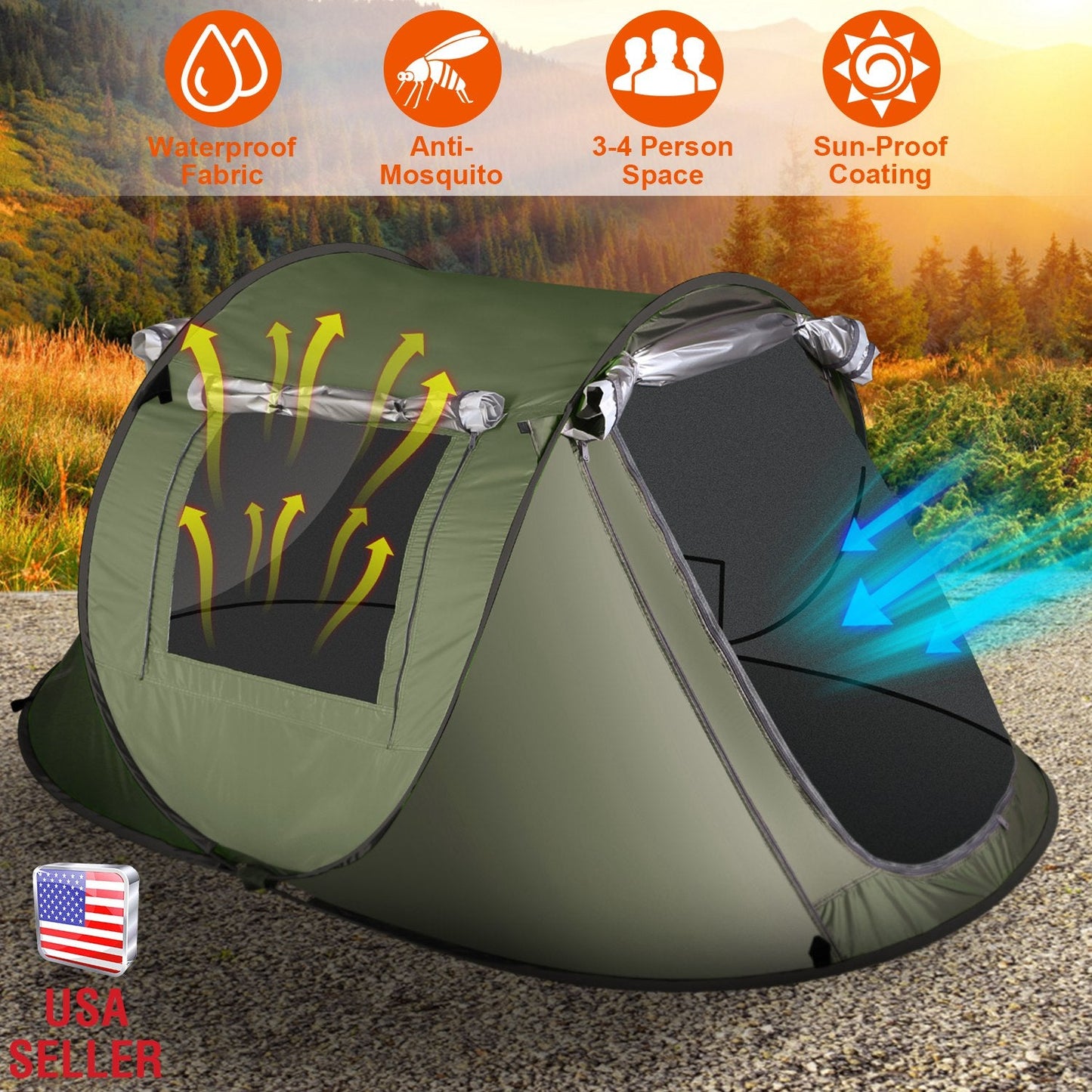 GemGear 3-4 Person Pop-Up Camping Tent, green waterproof auto-setup with mosquito net windows on Tampa Home & Garden Store