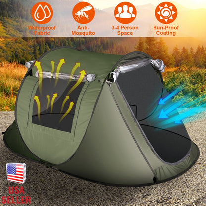 GemGear 3-4 Person Pop-Up Camping Tent, green waterproof auto-setup with mosquito net windows on Tampa Home & Garden Store