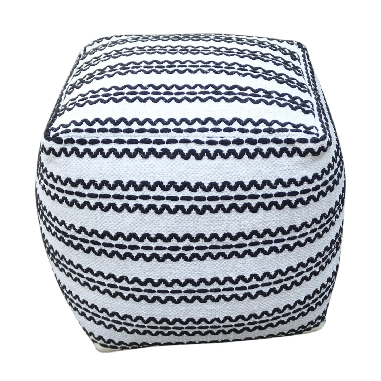 Lani handcrafted fabric pouf, durable cotton square in natural black with woven stripe on Tampa Home & Garden Store