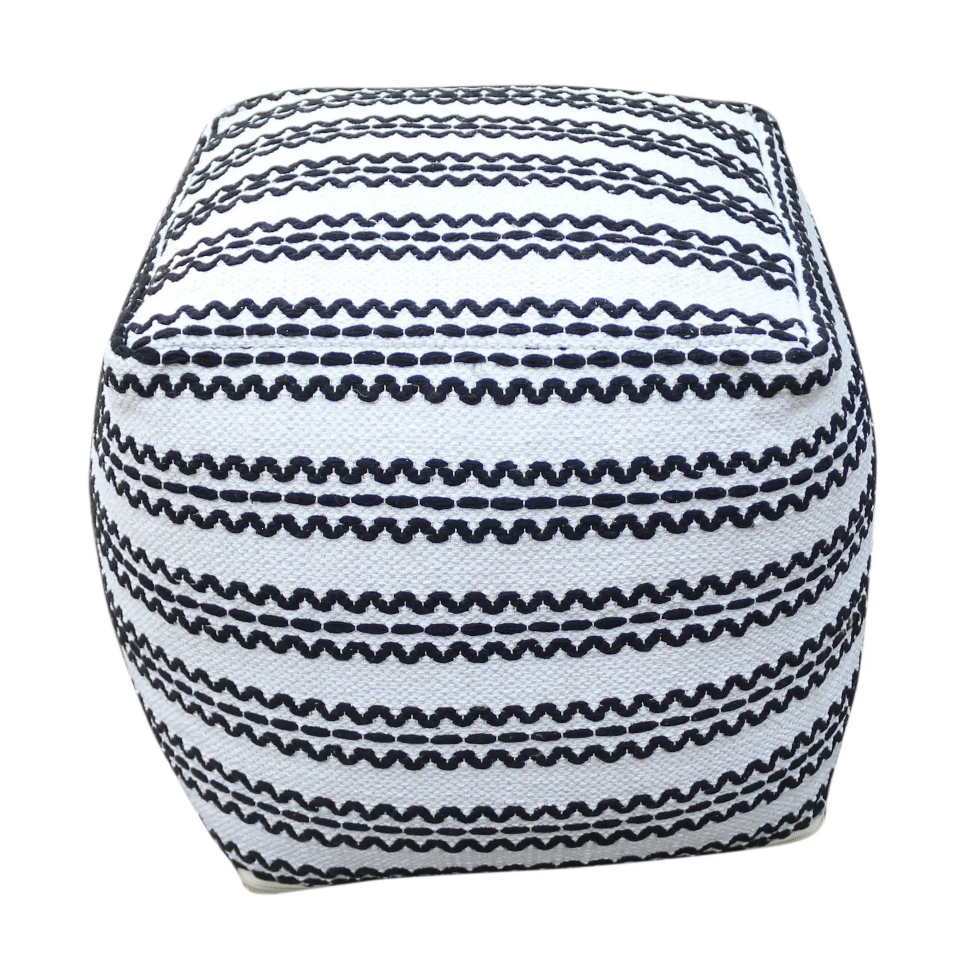 Lani handcrafted fabric pouf, durable cotton square in natural black with woven stripe on Tampa Home & Garden Store