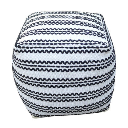 Lani handcrafted fabric pouf, durable cotton square in natural black with woven stripe on Tampa Home & Garden Store