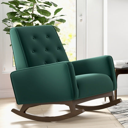 Demetrius Solid Wood Rocking Chair in emerald green upholstery with curved wooden rockers on Tampa Home & Garden Store