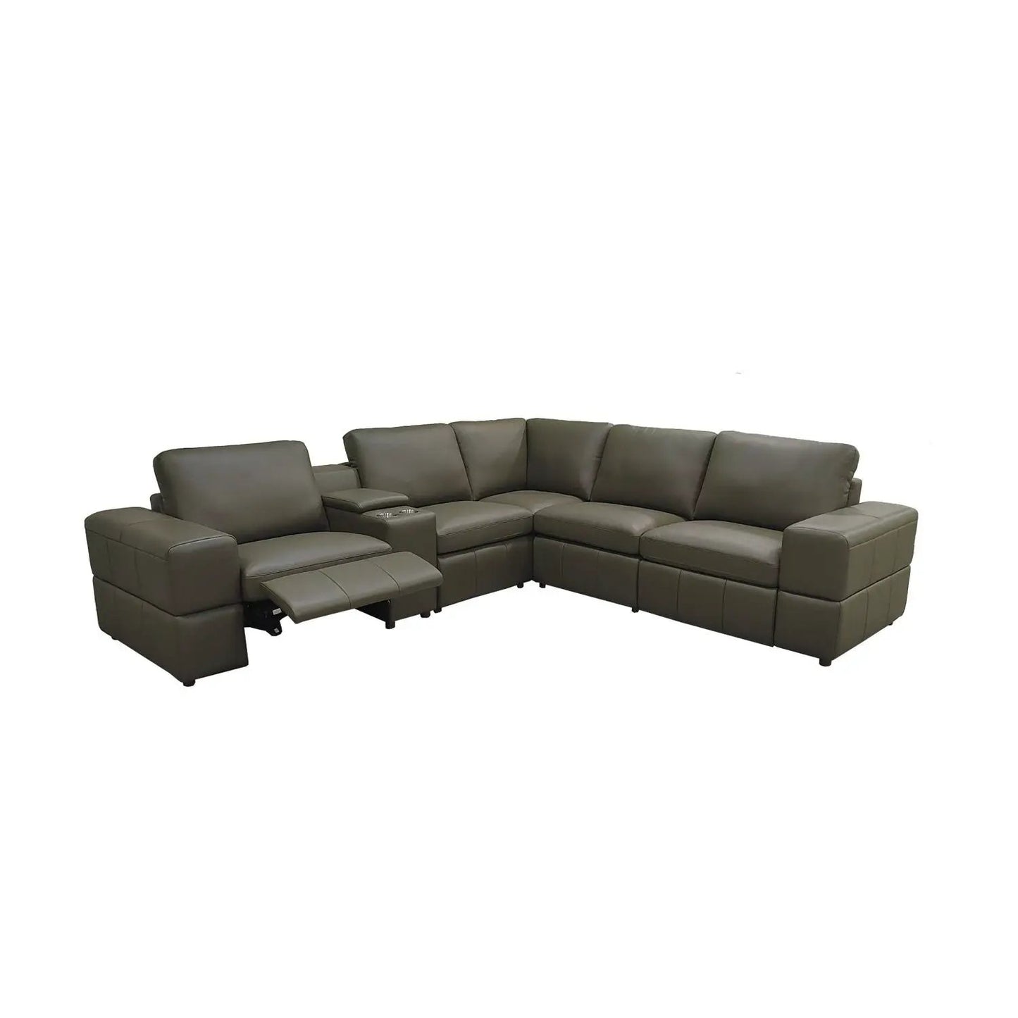 Upholstered Large Arms Sectional With Recliner Seats olive gray leather, L-shaped with center console on Tampa Home & Garden Store