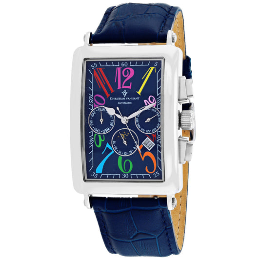 Christian Van Sant Prodigy watch, rectangular steel case, blue dial with numerals, blue strap on Tampa Home & Garden Store