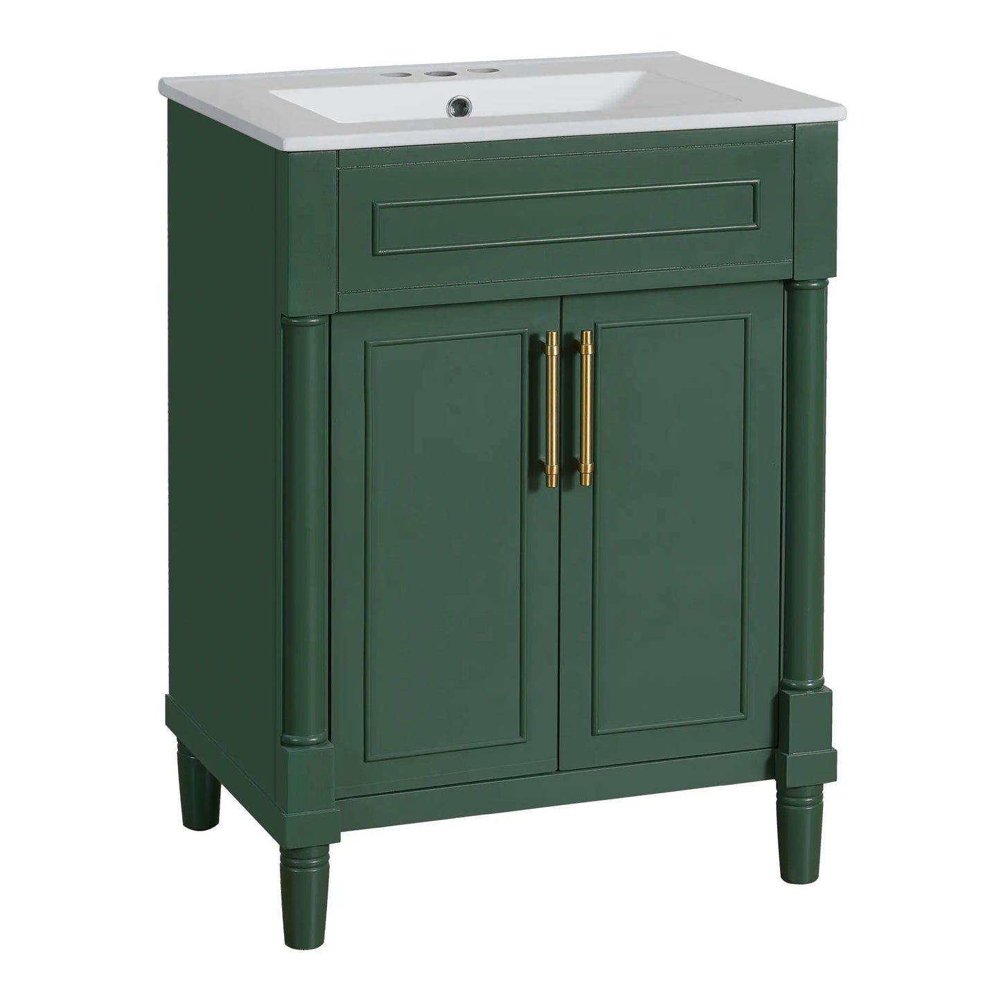 Bathroom vanity with white sink, green cabinet, brass hardware by Unique Piece Furniture on Tampa Home & Garden Store
