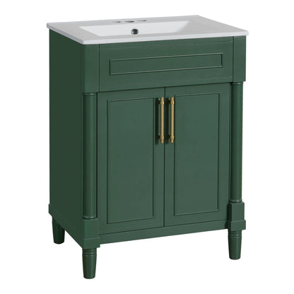Bathroom vanity with white sink, green cabinet, brass hardware by Unique Piece Furniture on Tampa Home & Garden Store