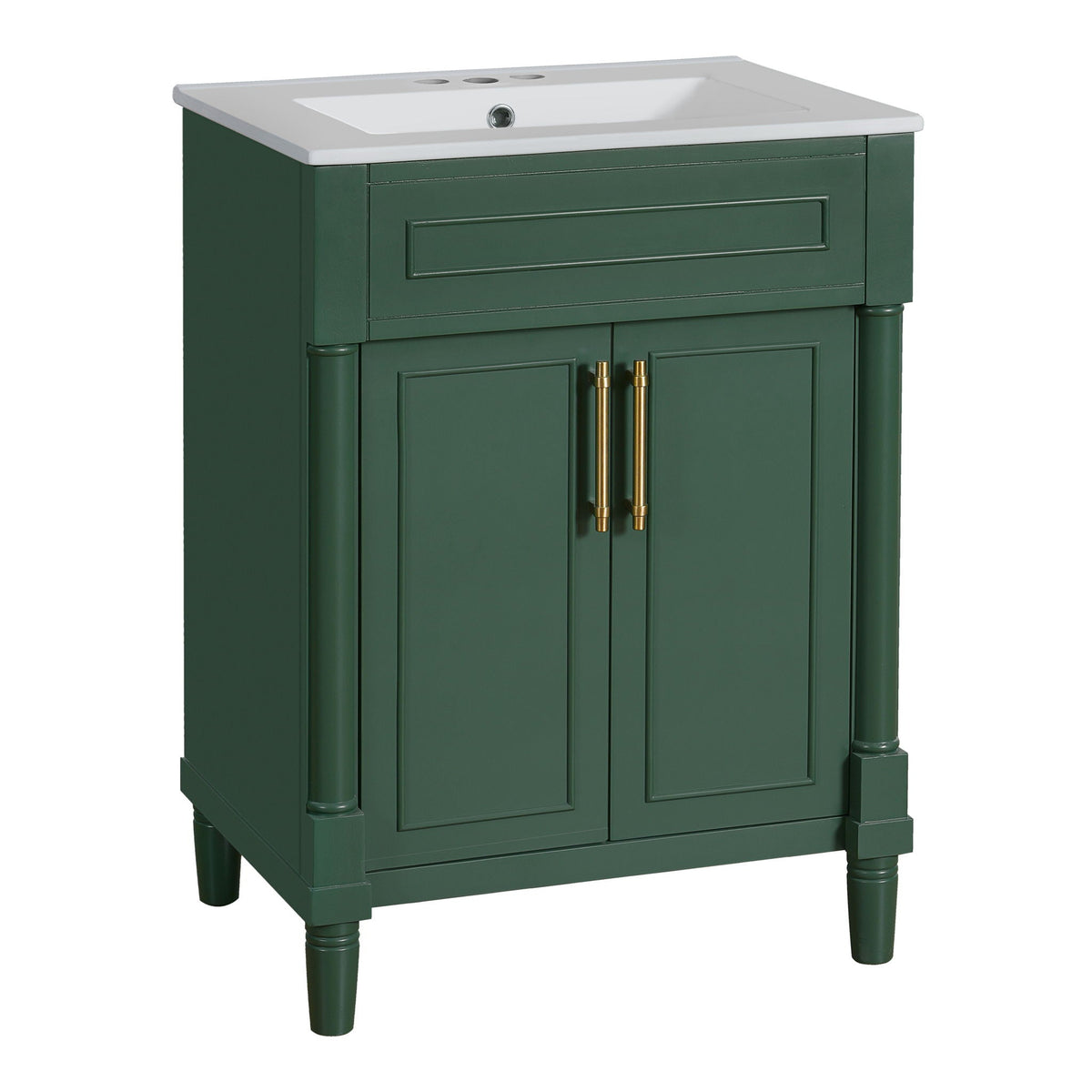 Bathroom vanity with integrated white sink on a dark green 2-door cabinet, brass hardware HouseOfZazla on Tampa Home & Garden Store