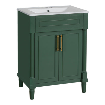 Bathroom vanity with integrated white sink on a dark green 2-door cabinet, brass hardware HouseOfZazla on Tampa Home & Garden Store