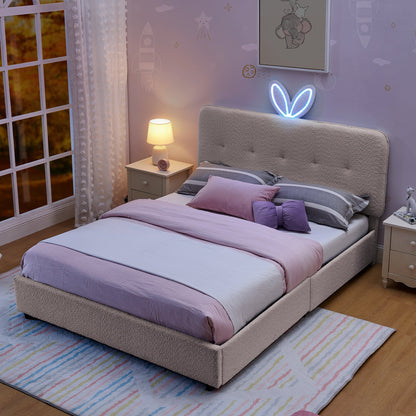 Full size kids upholstered bed with rabbit ear headboard in beige in pastel purple room on Tampa Home & Garden Store