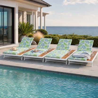 White Iron and Teak Outdoor Chaise Lounge Set