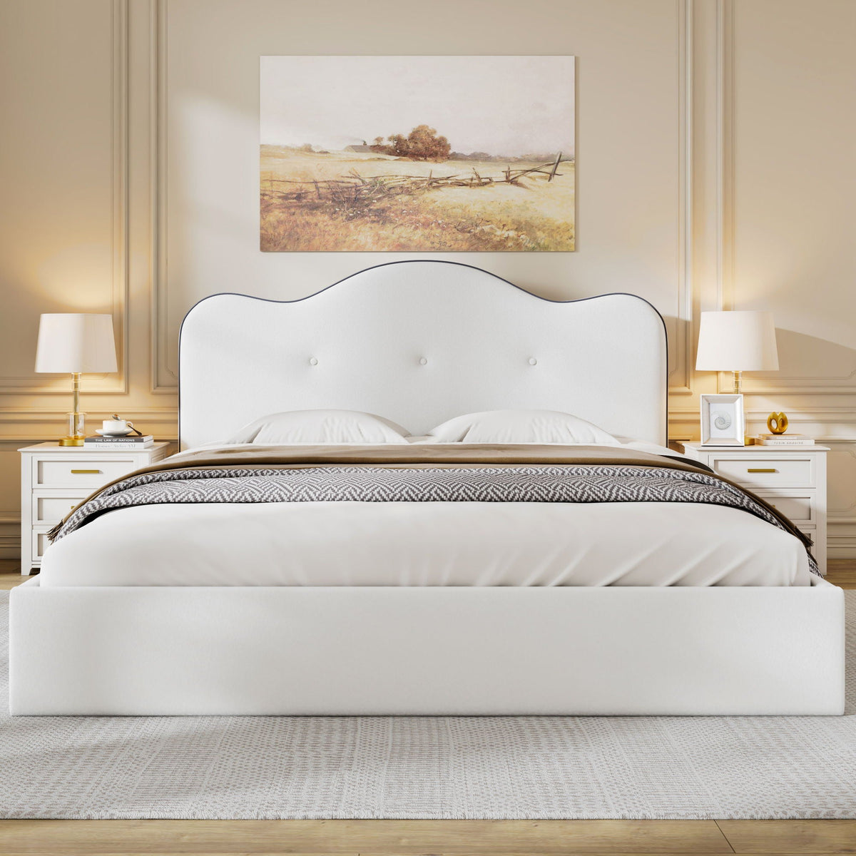 Upholstered platform bed with curved white headboard, tufted detail, sturdy frame HouseOfZazla on Tampa Home & Garden Store