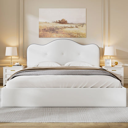 Upholstered platform bed with curved white headboard, tufted detail, sturdy frame HouseOfZazla on Tampa Home & Garden Store