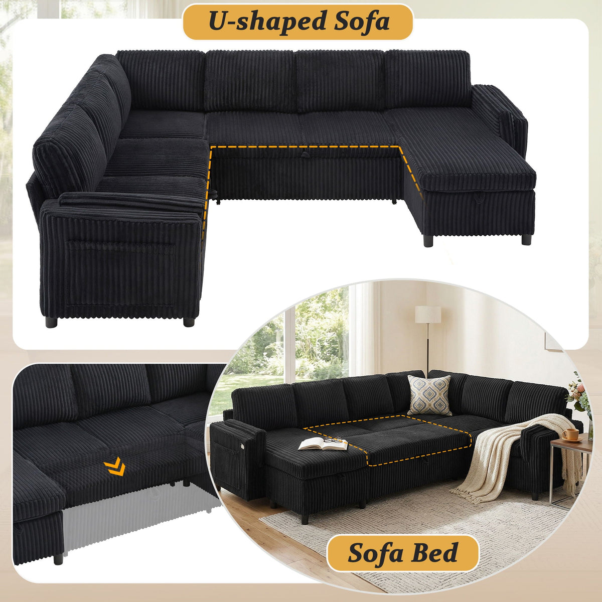 Convertible U-Shaped Sectional Sofa Bed with USB Ports and Storage, black fabric, HouseOfZazla on Tampa Home & Garden Store