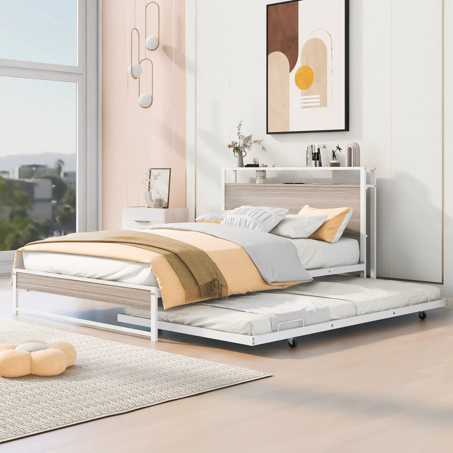 Platform Bed Frame With Trundle and USB Ports