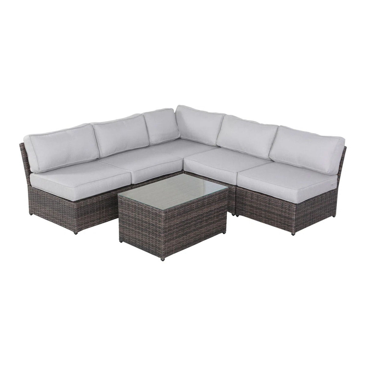 2 Piece Sectional Set HouseOfZazla in dark brown rattan with gray cushions and glass table on Tampa Home & Garden Store