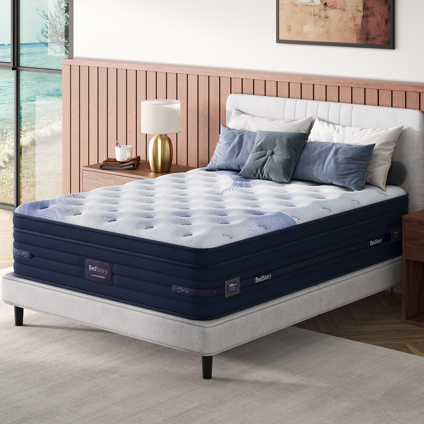 BedStory Spine Align Pro 14 King Firm Cooling Hybrid Mattress with navy edge on a stylish bed on Tampa Home & Garden Store