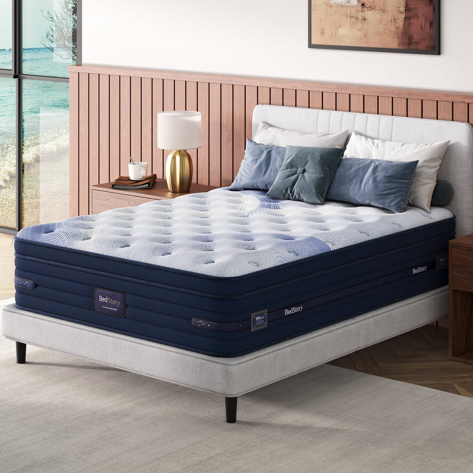 BedStory Spine Align Pro 14 King Firm Cooling Hybrid Mattress with navy edge on a stylish bed on Tampa Home & Garden Store