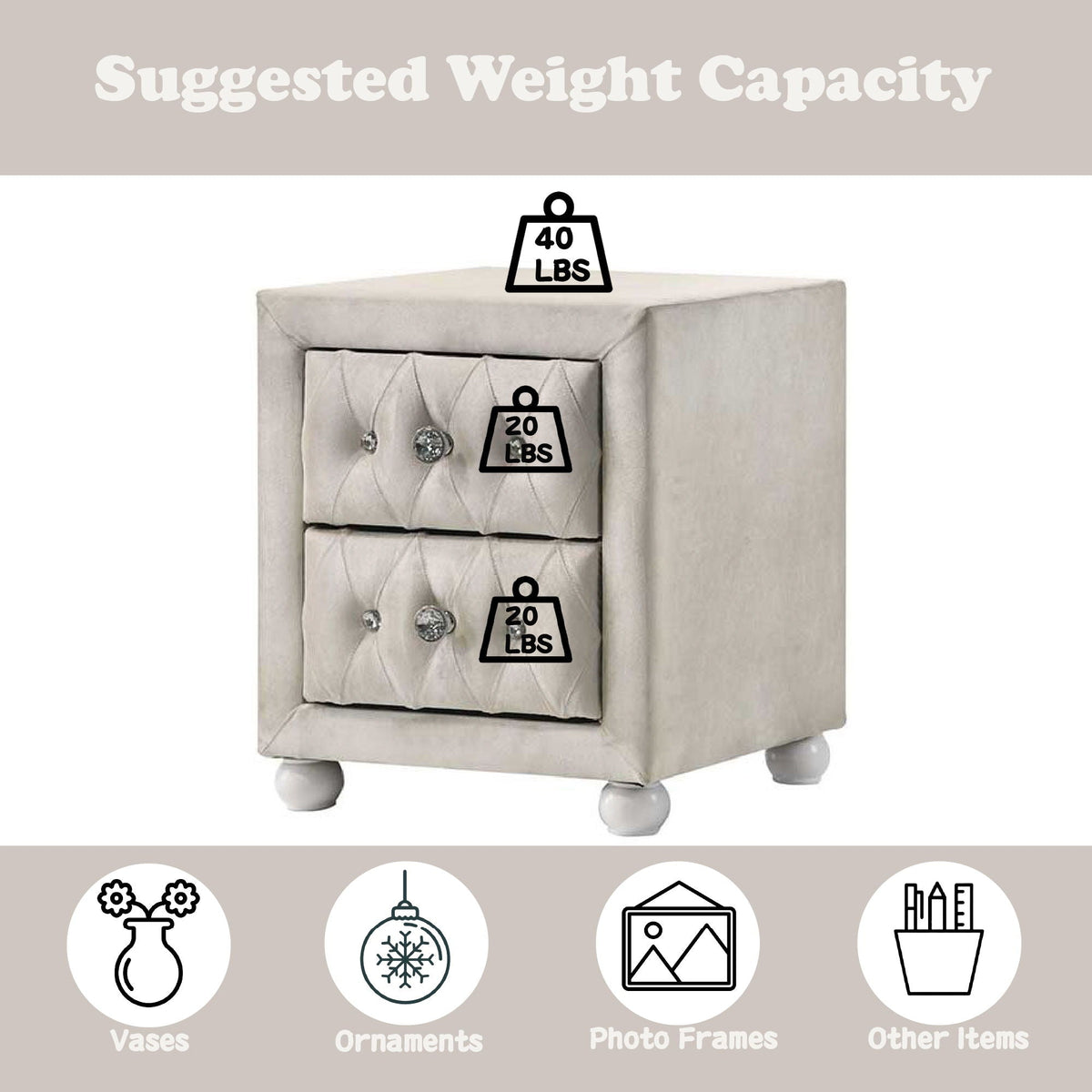 Reggie beige tufted fabric nightstand with two drawers and crystal knob pulls, rounded bun feet on Tampa Home & Garden Store