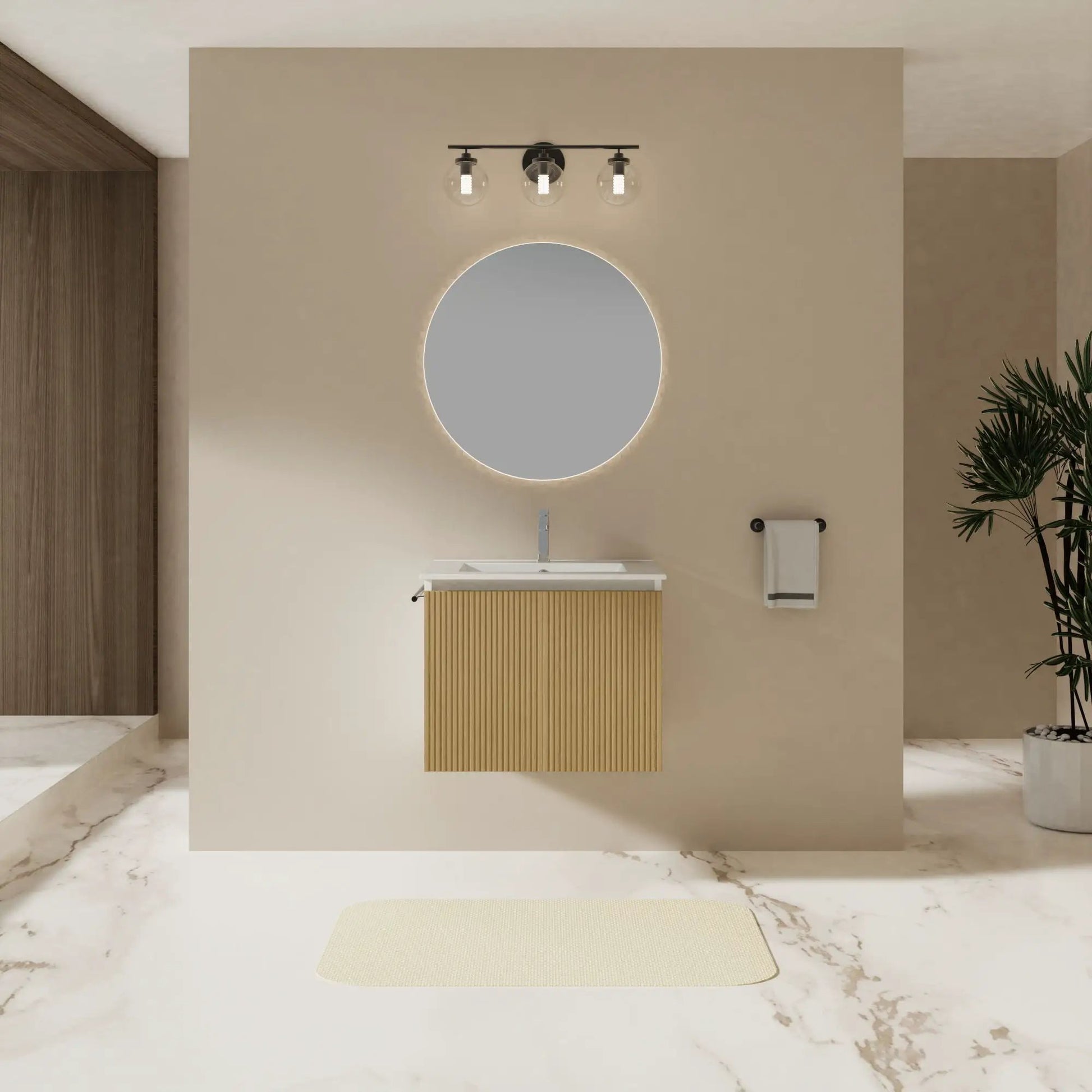 Floating bathroom vanity combo with towel rack, beige panel and wood slat cabinet on Tampa Home & Garden Store