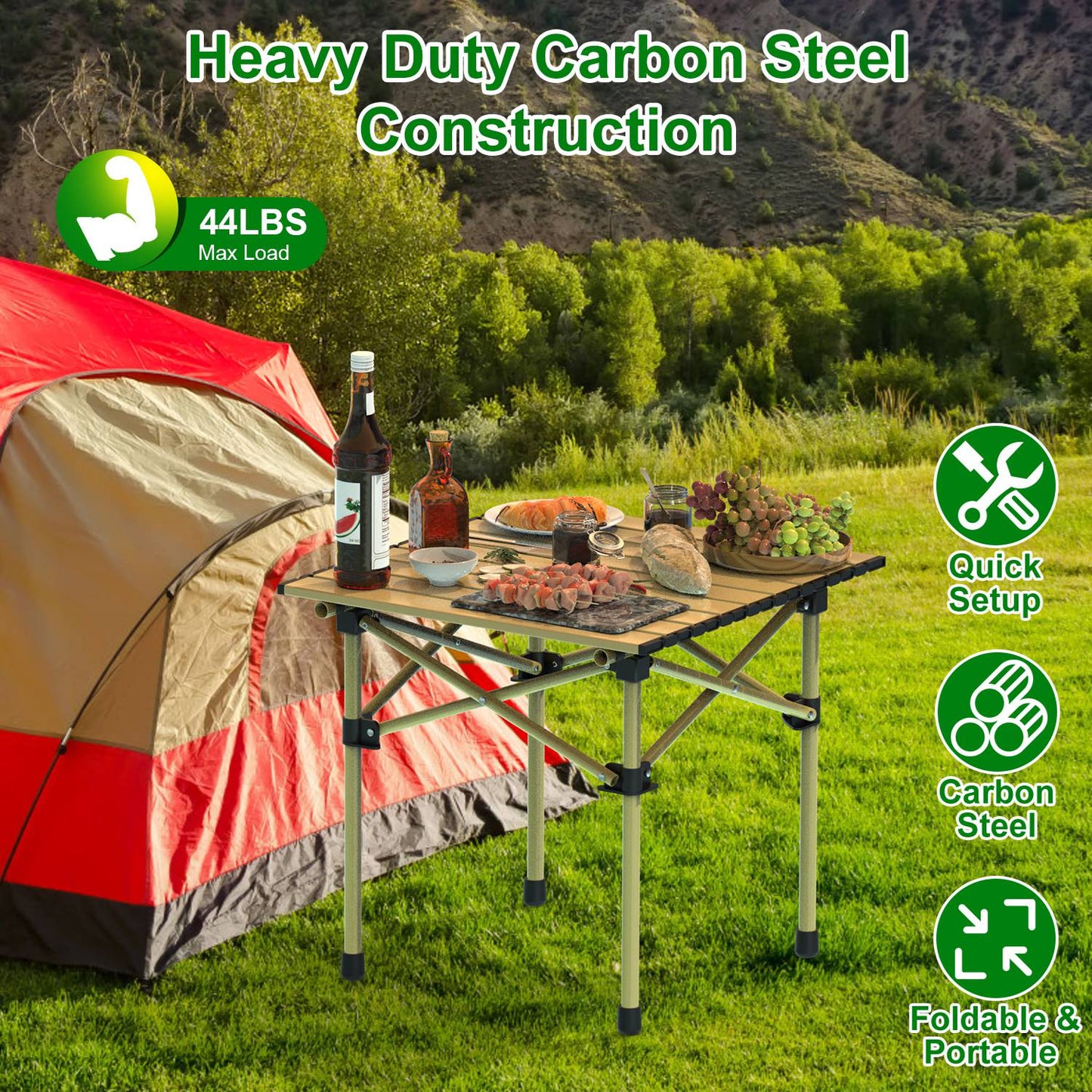 GemGear folding camping table with carbon steel frame, roll-up picnic desk outdoors near tent on Tampa Home & Garden Store