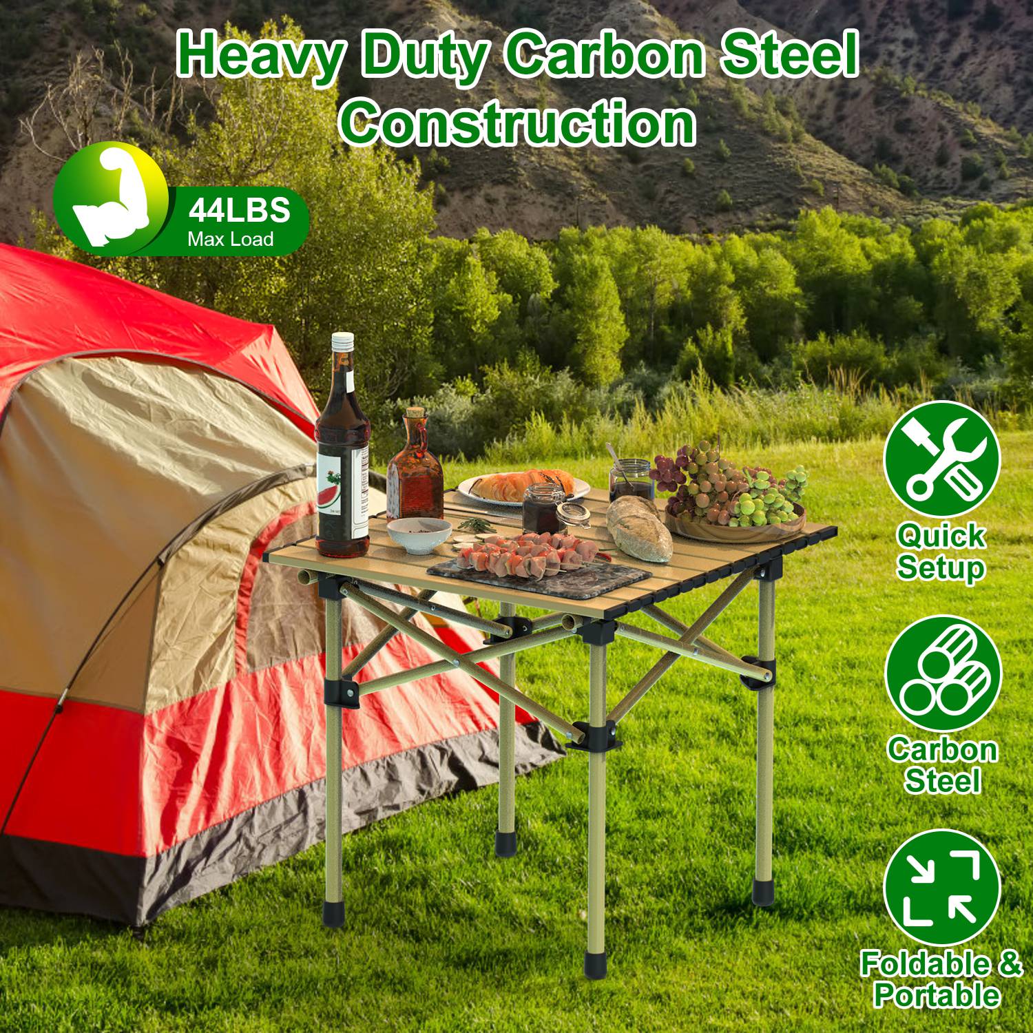 GemGear folding camping table with carbon steel frame, roll-up picnic desk outdoors near tent on Tampa Home & Garden Store