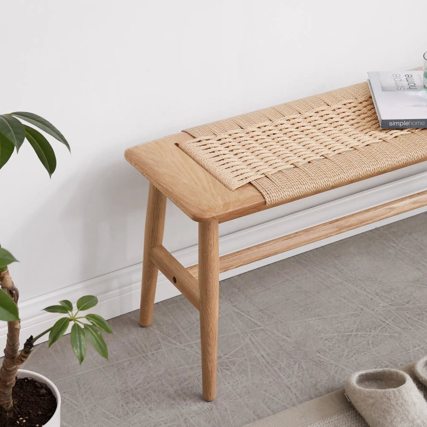 Woven Design Dining Bench in Natural Oak