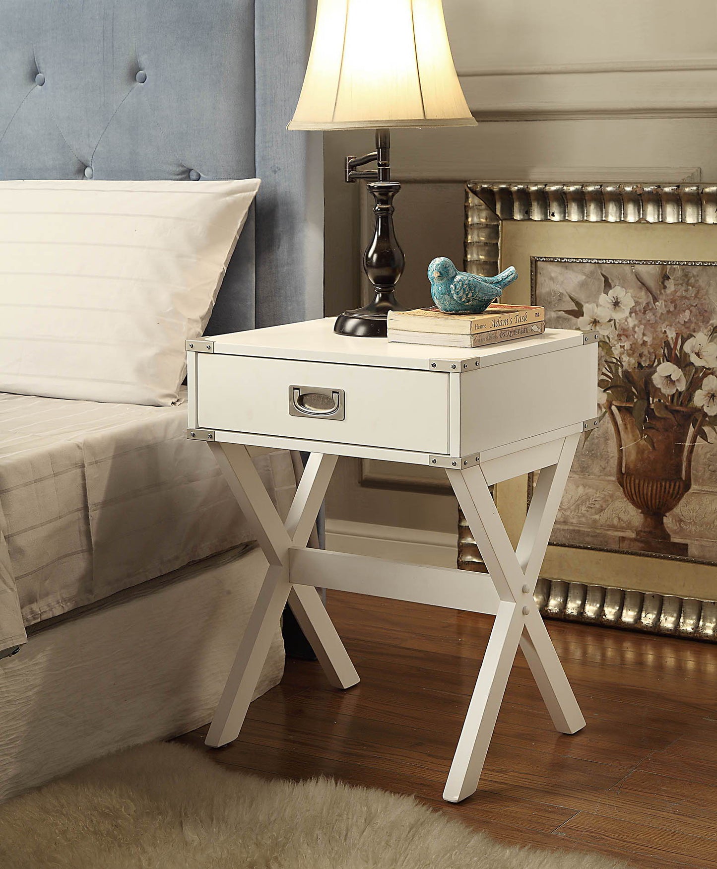 Babs Accent Table white with metal hardware, lamp, stacked books and teal bird decor on Tampa Home & Garden Store