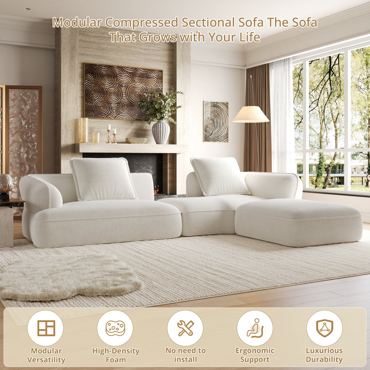 122-inch modern L-shaped sectional sofa with chaise, white upholstery, HouseOfZazla on Tampa Home & Garden Store