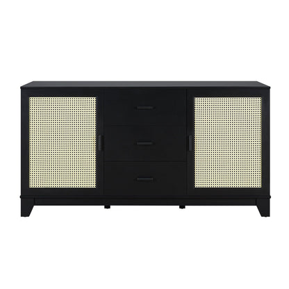 Black modern cane-design sideboard with two caned panels and three drawers, solid wood handles on Tampa Home & Garden Store