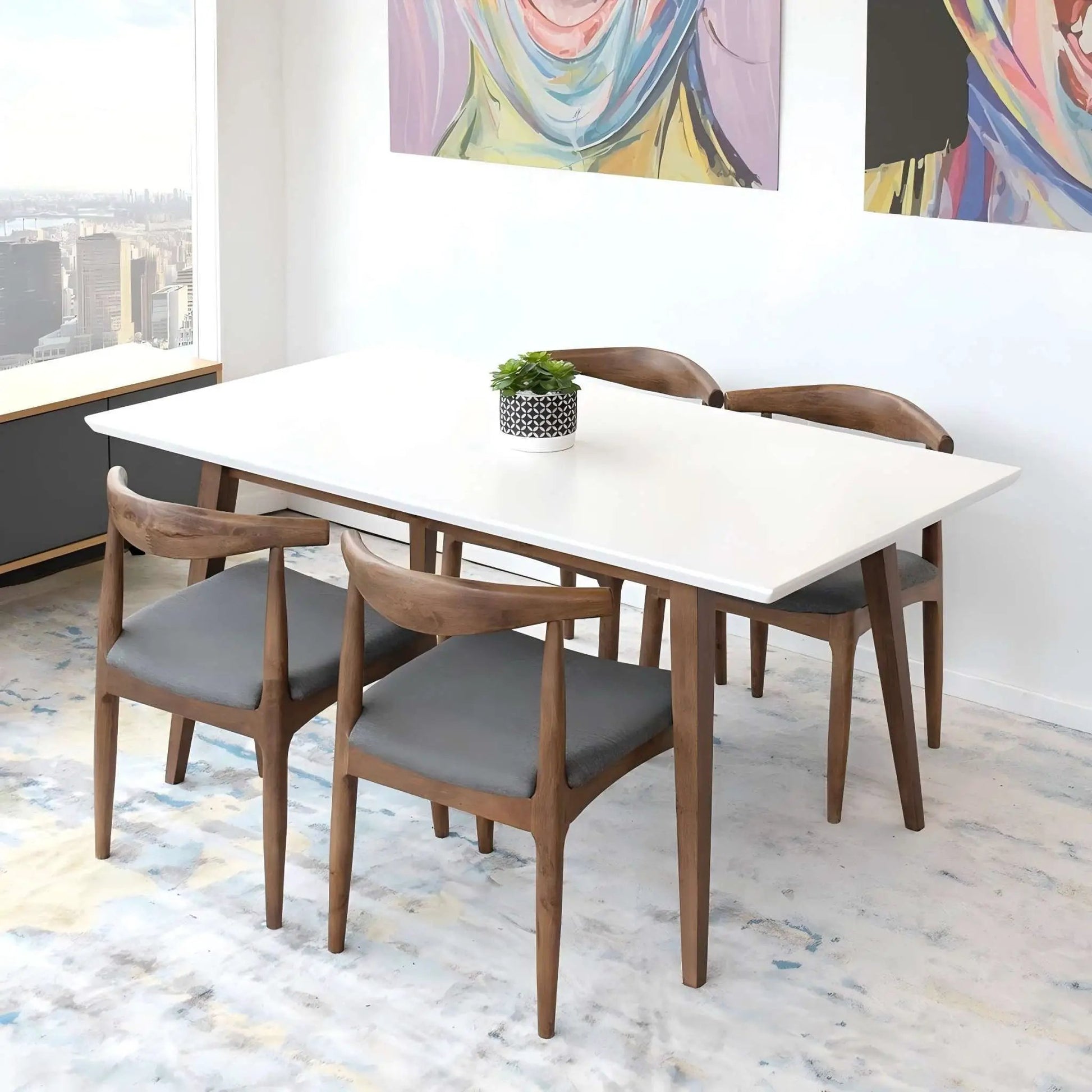 Mary Modern Rectangular Dining Table white top with wood legs; 4 grey chairs Unique Piece on Tampa Home & Garden Store
