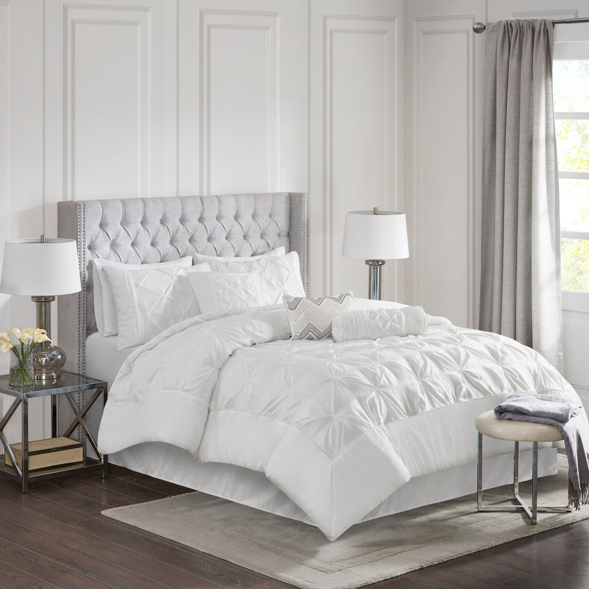7 Piece Tufted Comforter Set White by HouseOfZazla, quilted white bedding on a gray bed on Tampa Home & Garden Store