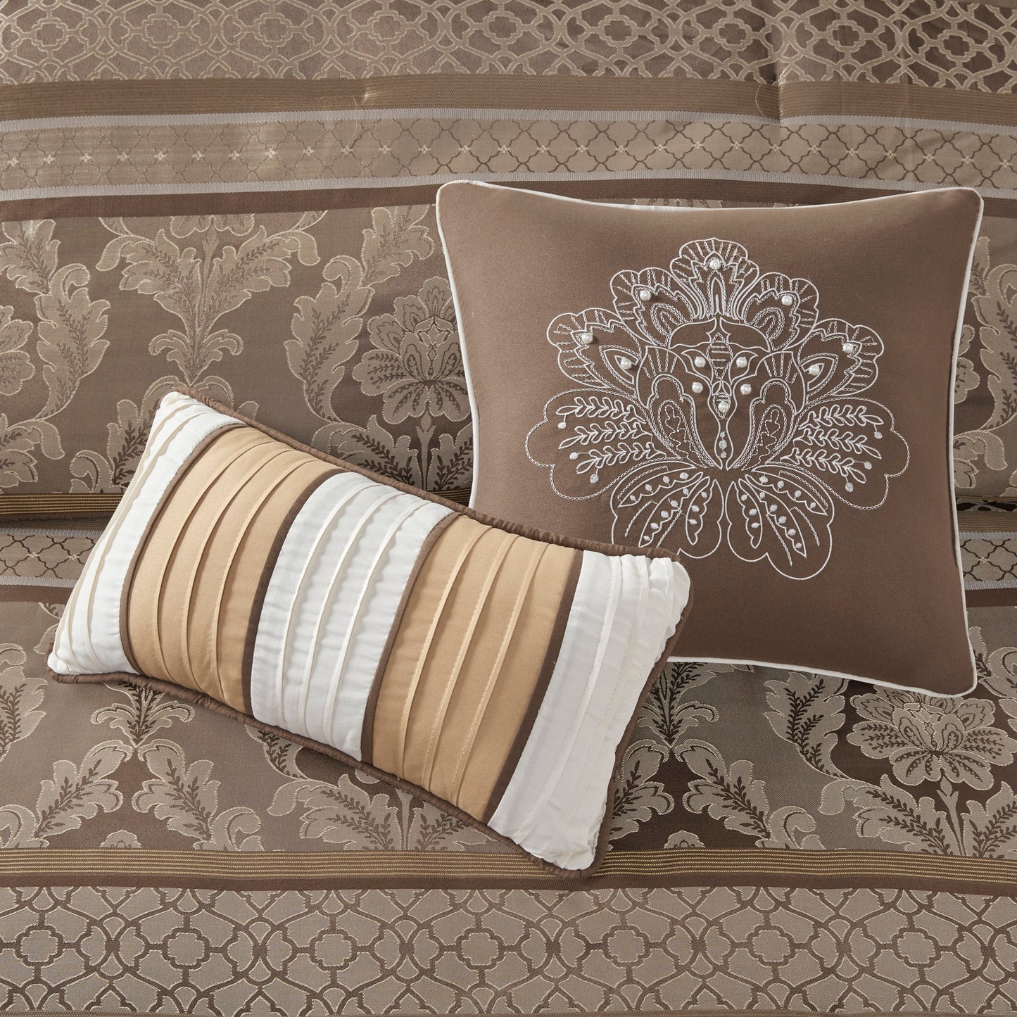 7 Piece Jacquard Comforter Set Brown/Gold Cal King with embroidered decorative pillow and striped bolster on bed on Tampa Home & Garden Store