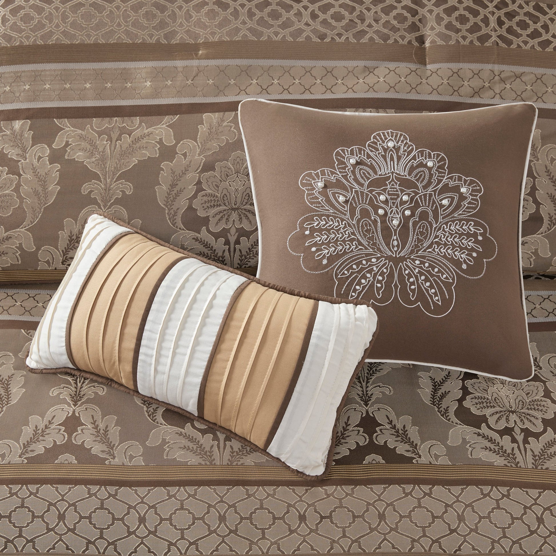 7 Piece Jacquard Comforter Set Brown/Gold Cal King with embroidered decorative pillow and striped bolster on bed on Tampa Home & Garden Store