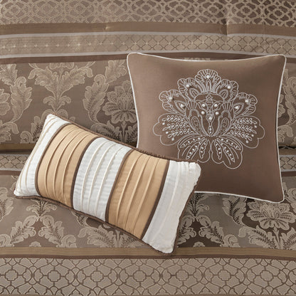 7 Piece Jacquard Comforter Set Brown/Gold Cal King with embroidered decorative pillow and striped bolster on bed on Tampa Home & Garden Store