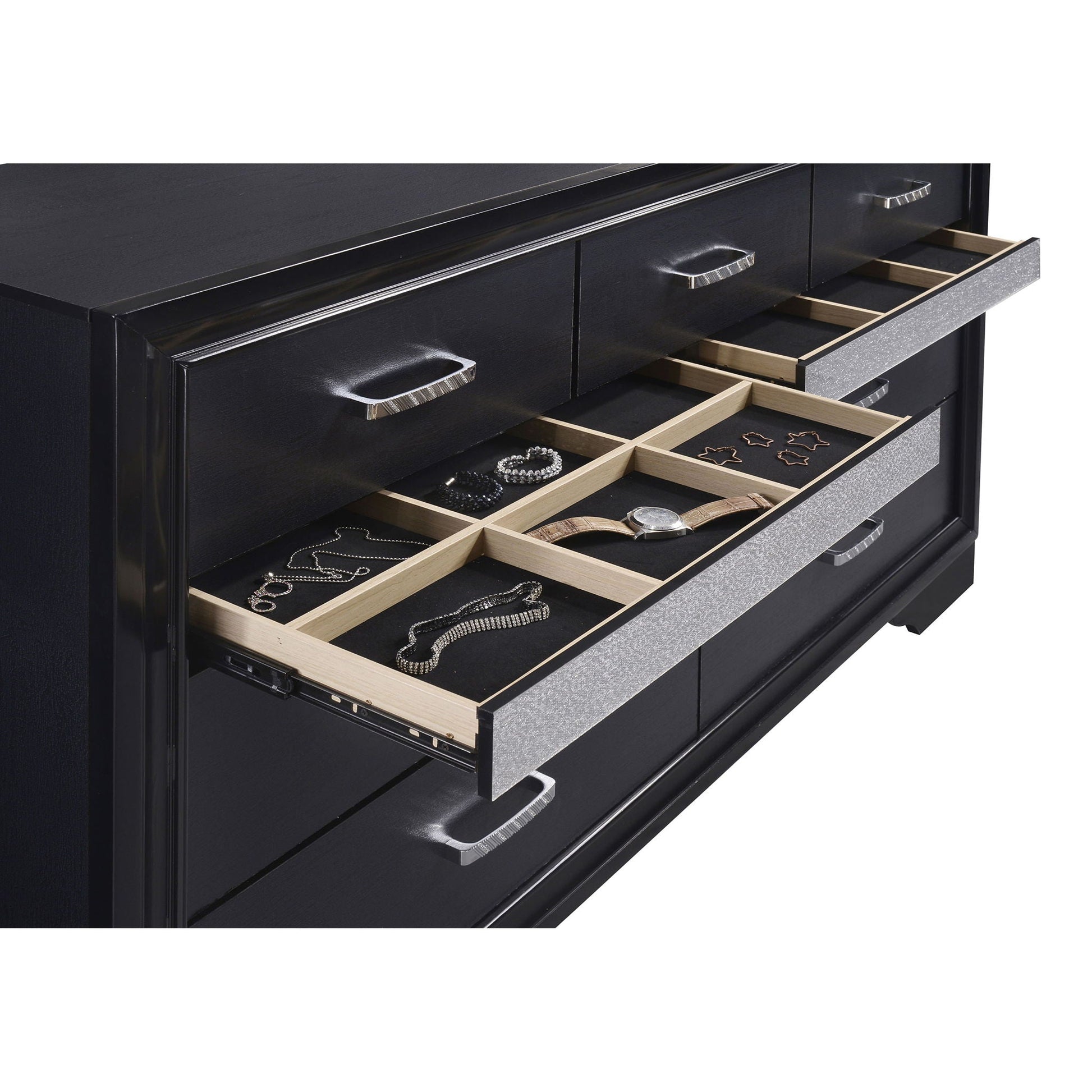 Corbin Glittering Bedroom Set dresser with open jewelry trays in black finish on Tampa Home & Garden Store