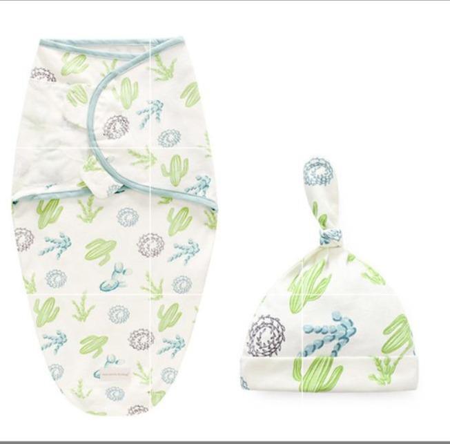 Stevvex baby swaddle blanket with cap two-piece set, white fabric with blue-green cactus print on Tampa Home & Garden Store