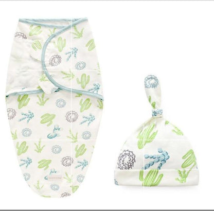Stevvex baby swaddle blanket with cap two-piece set, white fabric with blue-green cactus print on Tampa Home & Garden Store