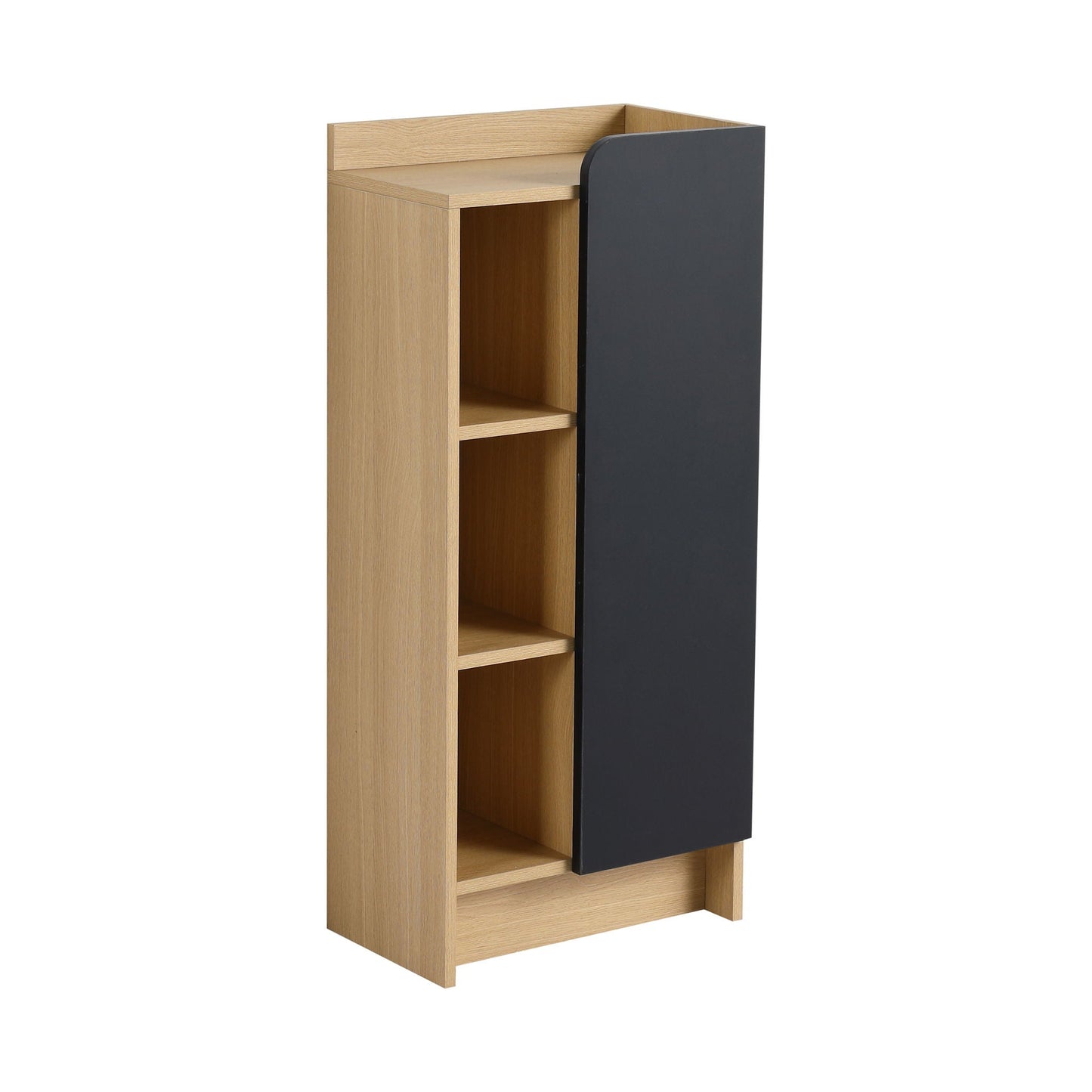 Freestanding linen cabinet narrow with light oak frame and black door, featuring 3 open shelves on Tampa Home & Garden Store
