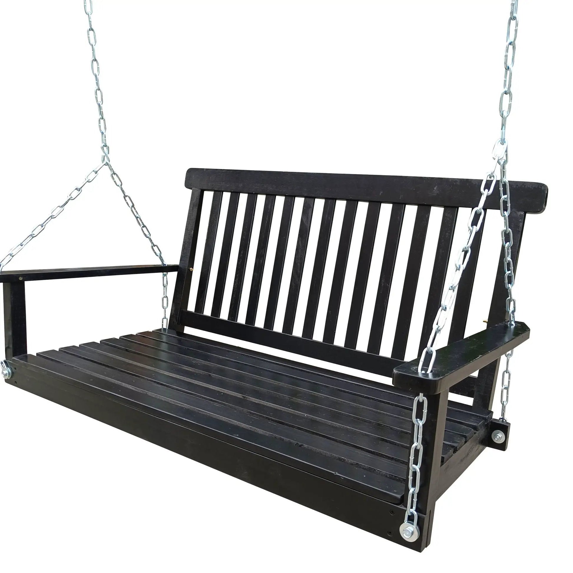 Front porch swing with armrests, black wood slats, metal chains by Unique Piece Furniture on Tampa Home & Garden Store
