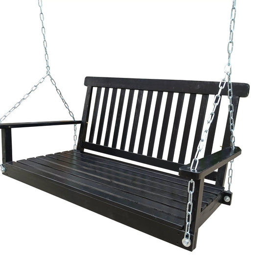 Front porch swing with armrests, black wood slats, metal chains by Unique Piece Furniture on Tampa Home & Garden Store