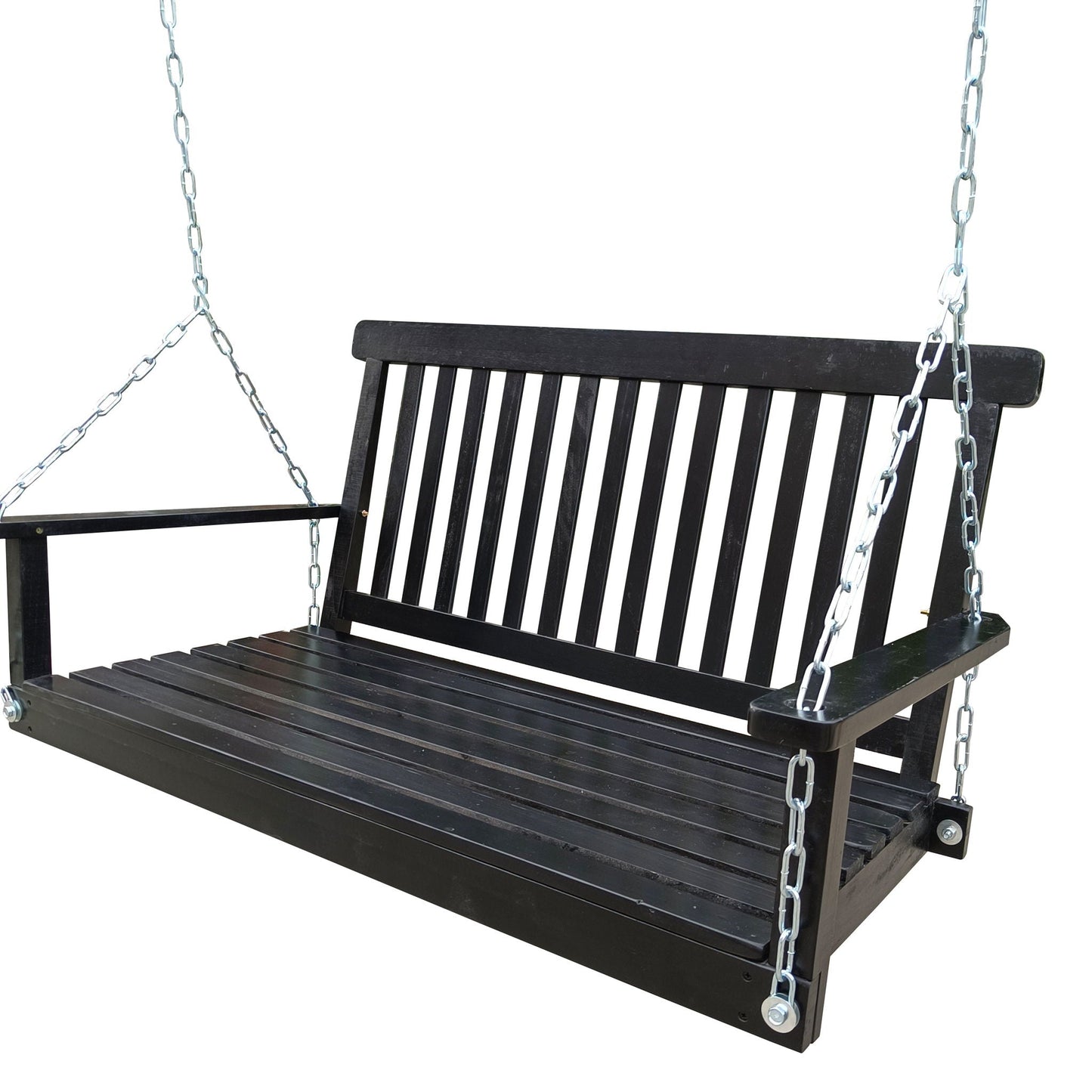Front porch swing with armrests, black wooden slats and metal chains on Tampa Home & Garden Store