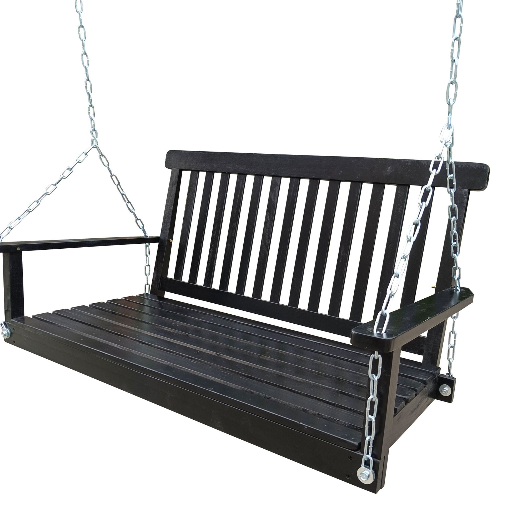 Front porch swing with armrests, black wooden slats and metal chains on Tampa Home & Garden Store