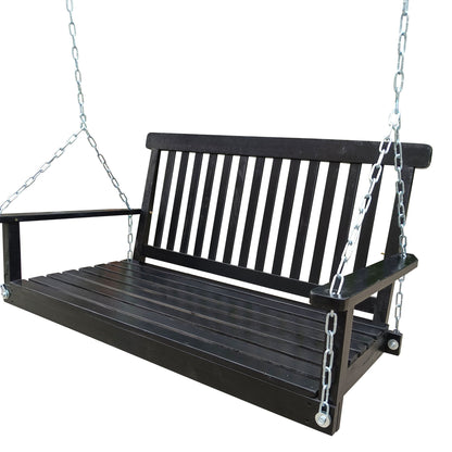 Front porch swing with armrests, black wooden slats and metal chains on Tampa Home & Garden Store