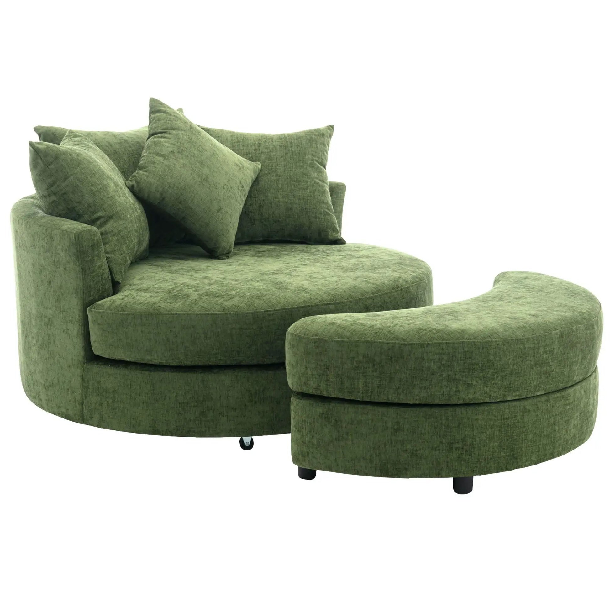 Green barrel chair with matching ottoman and four plush cushions on Tampa Home & Garden Store