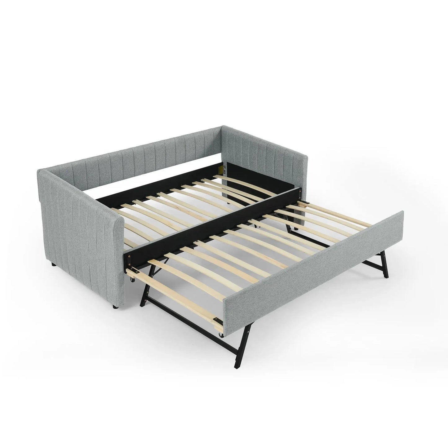 Upholstered trundle daybed gray vertical-striped fabric, slat base, Unique Piece Furniture on Tampa Home & Garden Store