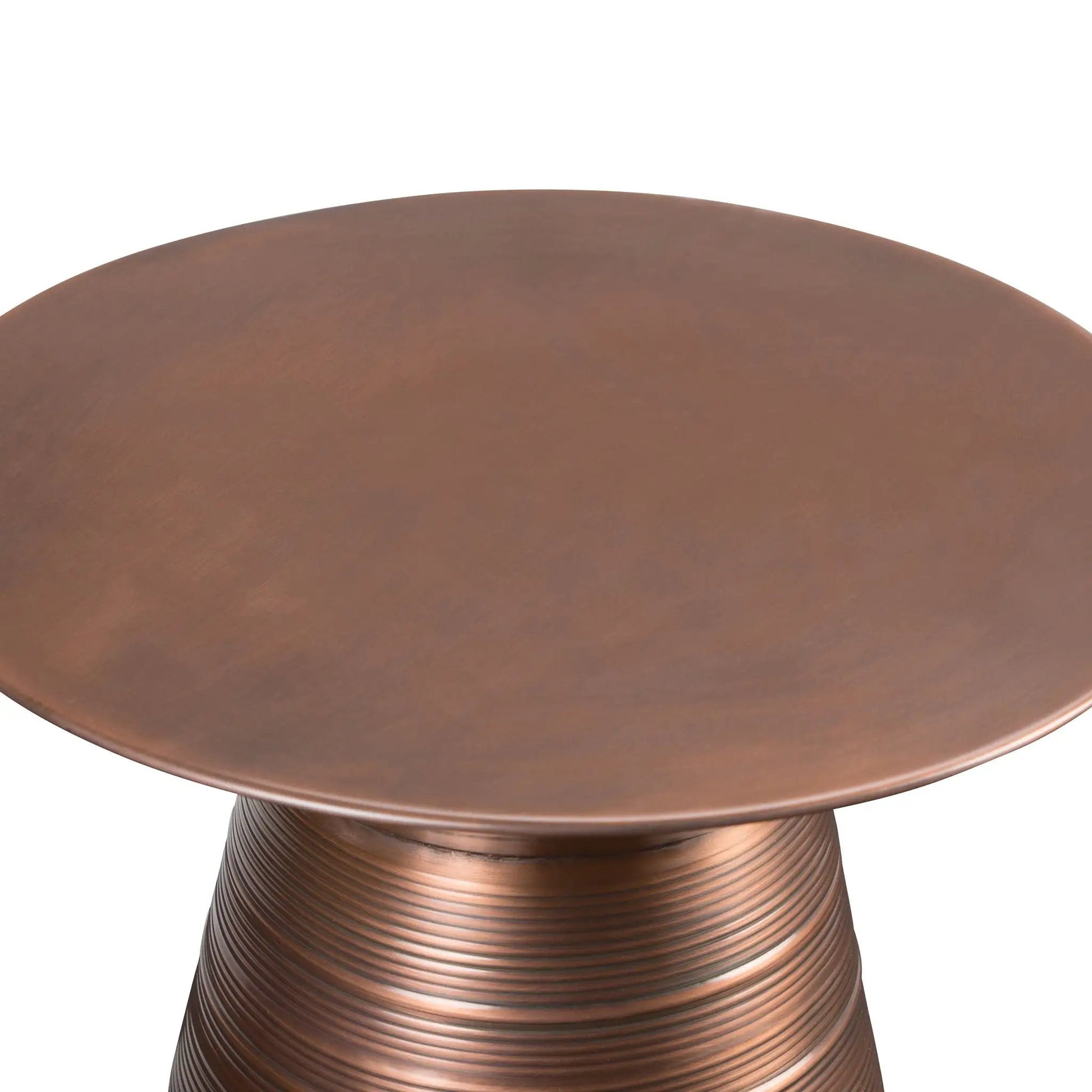 Sheridan handcrafted metal accent table with brown copper finish and ribbed pedestal base on Tampa Home & Garden Store