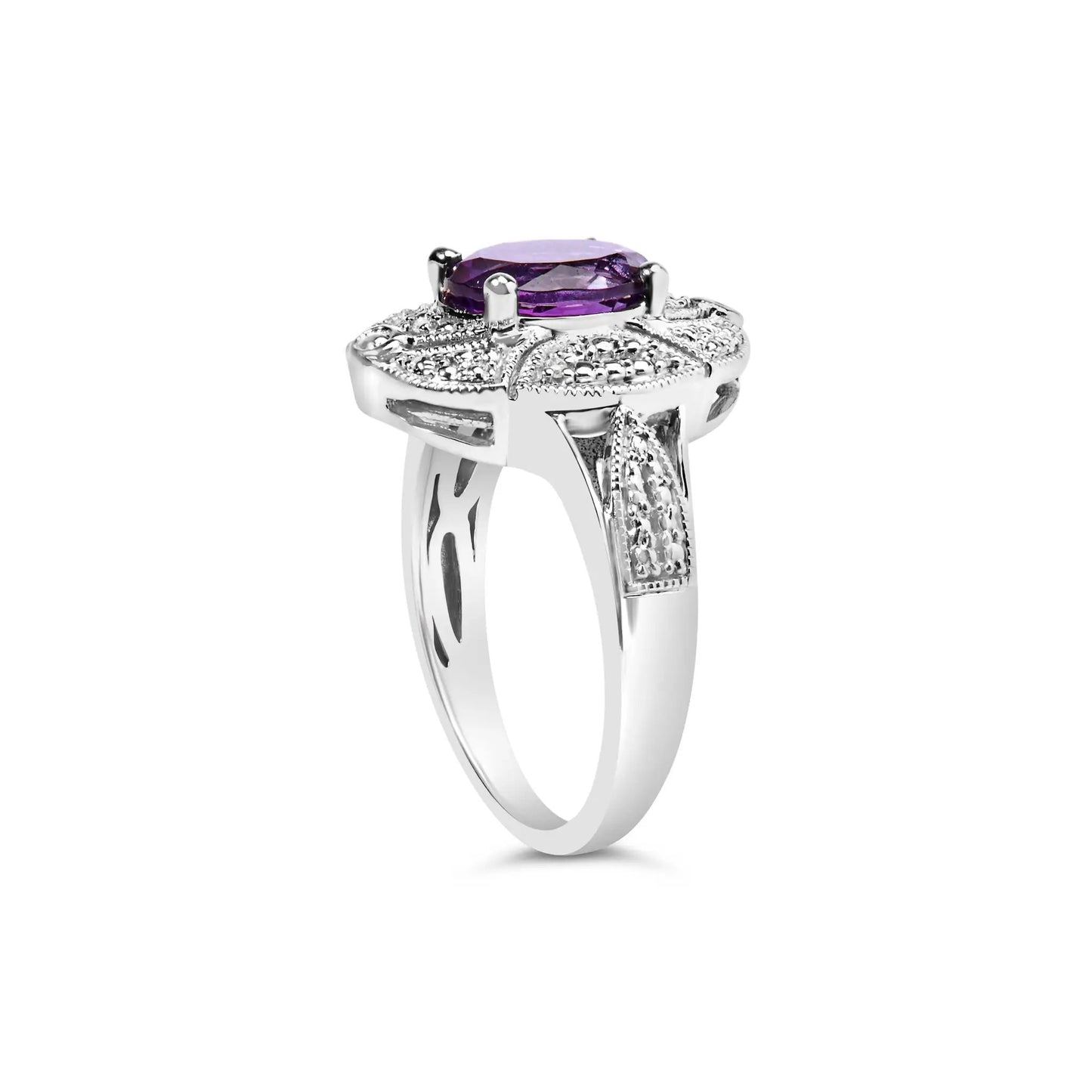 Sterling silver amethyst cocktail ring with diamond accents, oval 9x7mm purple gem, Deco style on Tampa Home & Garden Store