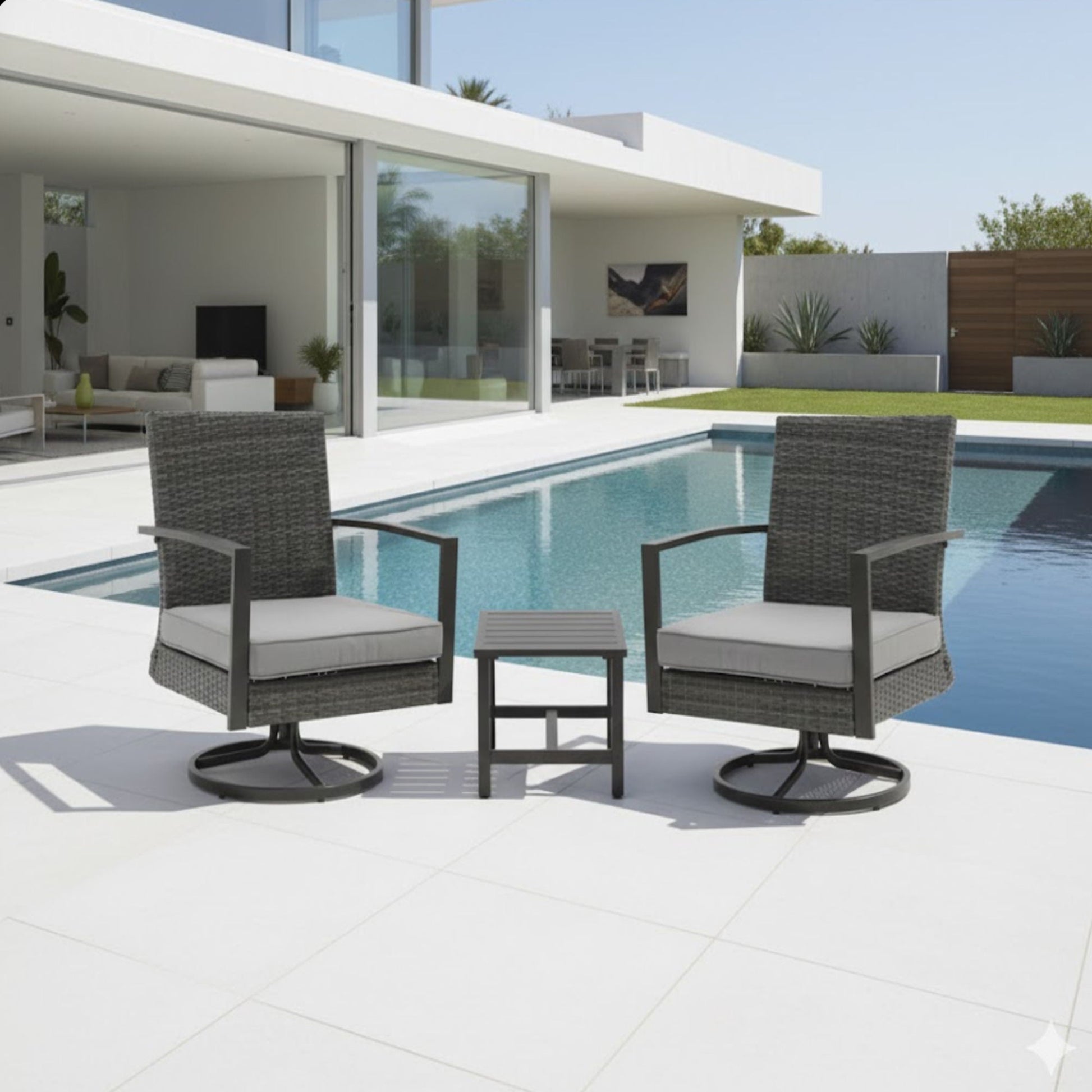 3 piece patio furniture set with two gray swivel rocker chairs and a small side table by a pool on Tampa Home & Garden Store