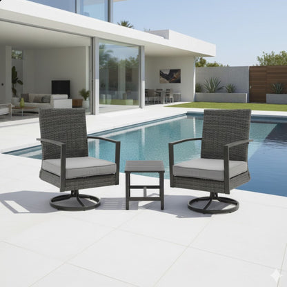 3 piece patio furniture set with two gray swivel rocker chairs and a small side table by a pool on Tampa Home & Garden Store